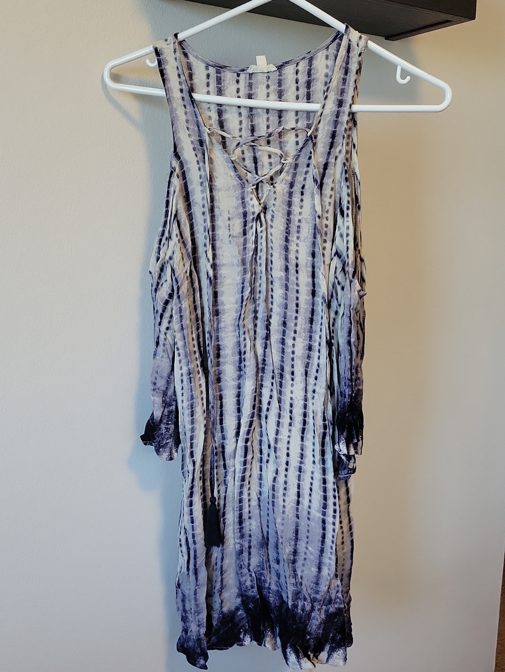 Tie-Dye Striped Cut Out Shoulder Dress with Tassel Lace-Up